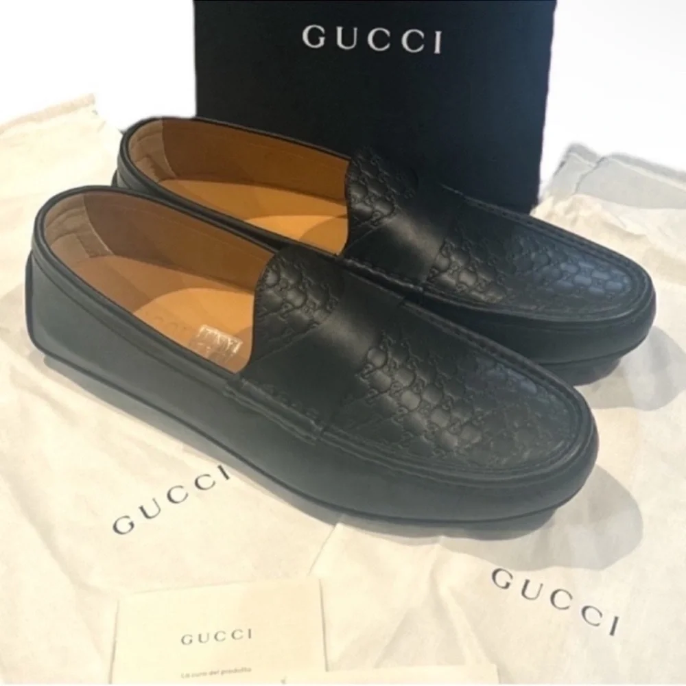 New in box authentic Gucci luxury designer GG black leather loafers drivers 11.5